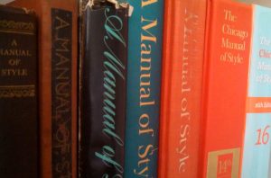 The spines of older editions of The Chicago Manual of Style