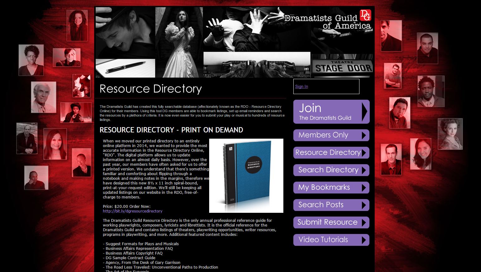 Screenshot of Dramatists Guild of America, Resource Directory