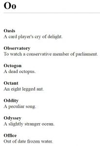 Entries for the letter O in the New Uxbridge English Dictionary