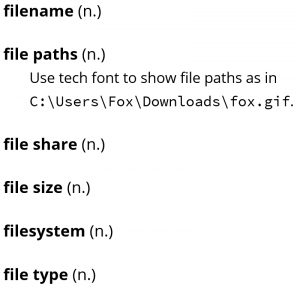 Spelling list for the nouns filename, file paths, file share, file size, filesystem, and file type