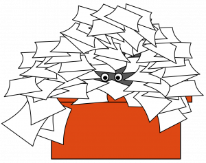 Cartoon featuring a desk full of papers through which two eyes peer