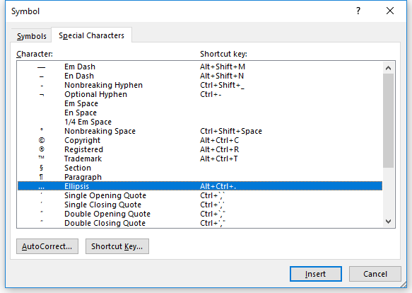 MS Word, Special Characters, ellipsis