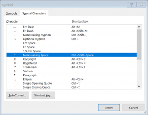 MS Word, Special Characters menu, Nonbreaking Space