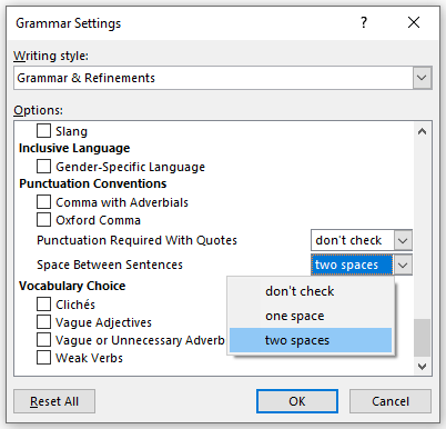 Grammar Settings dialog box in Microsoft Word