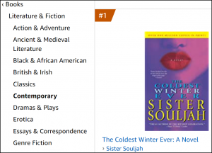 Screenshot from Amazon.com showing detail of "Best Sellers in Contemporary Literature & Fiction." Categories are listed on the left. To the right is the cover image for the number 1 book at the time of the screenshot, “The Coldest Winter Ever,” by Sister Souljah.