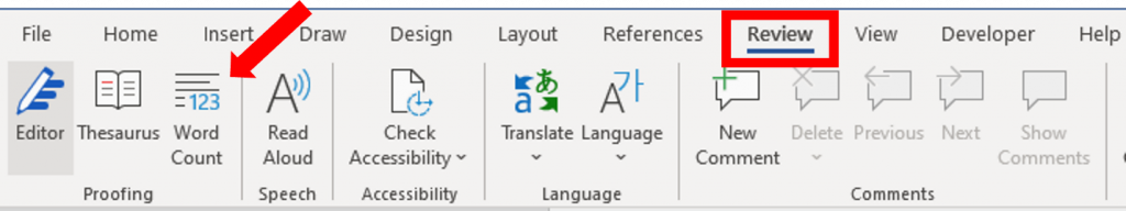 The Review tab in the MS Word ribbon