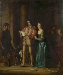 Oil painting by Gilbert Stuart Newton entitled 'Portia and Bassanio' from Shakespeare's 'The Merchant of Venice' (Act III, Scene 2). Great Britain, 1831.