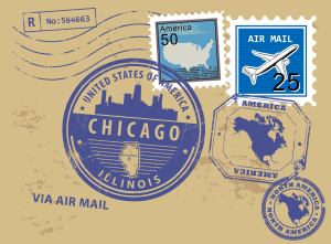 Artist's rendering of the back of a postcard stamped stamped with Chicago, Illinois