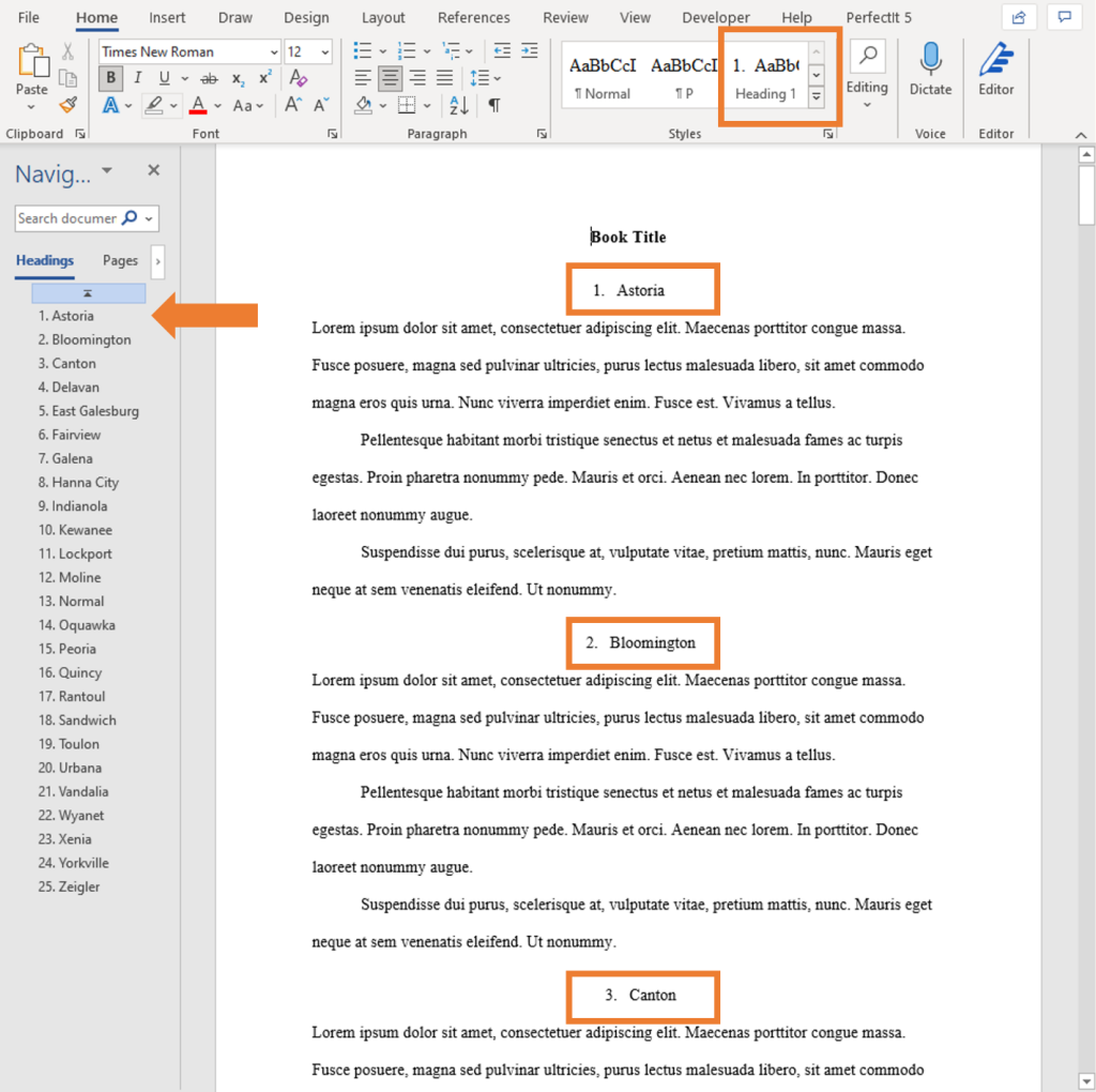 Screenshot of a Microsoft Word document showing three short chapters, the Navigation pane’s list of chapters, and the Styles menu, with the Heading 1 choice highlighted