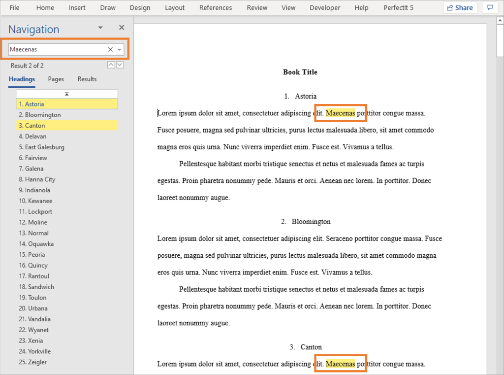 Screenshot of a Microsoft Word document showing the search feature in the Navigation pane. The titles of the two chapters where the term occurs are highlighted in the list, and the term is highlighted in the document itself.