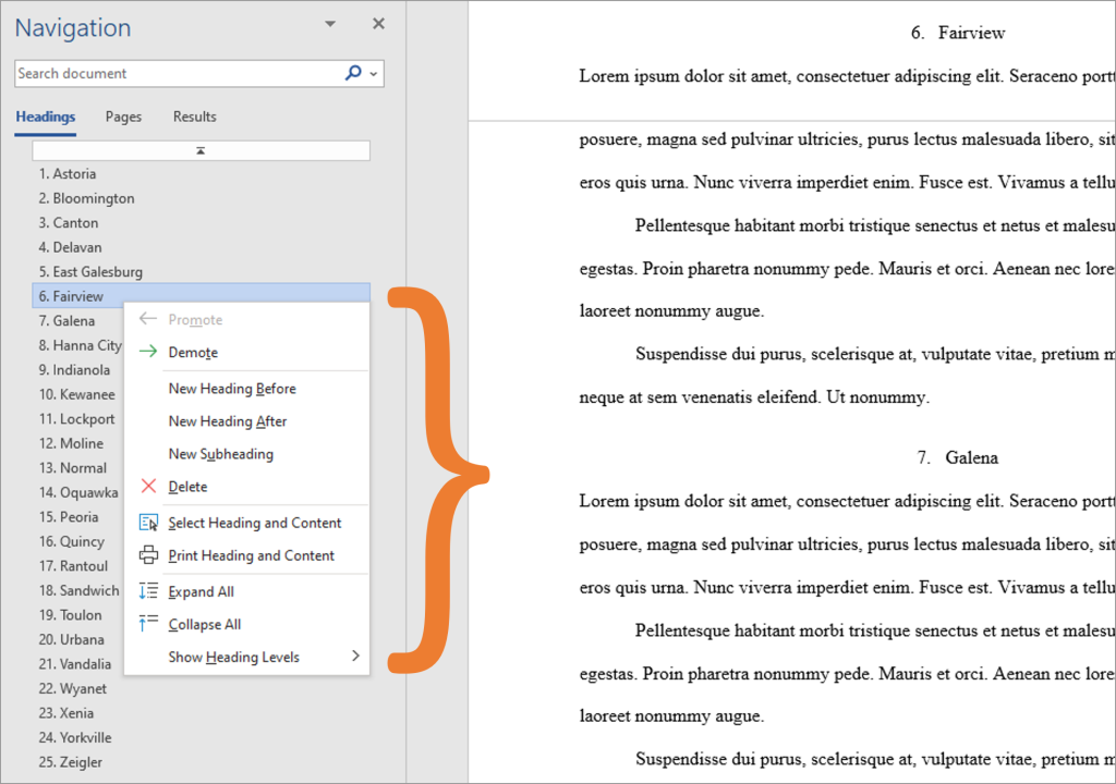 MS Word’s Navigation pane dropdown menu when right-clicking on a chapter title