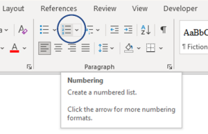 Numbering option in the Paragraph group under the Home tab in the MS Word ribbon