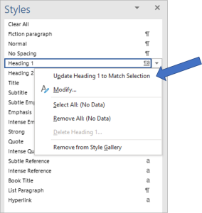 Expanded styles pane in MS Word, showing dropdown option to update Heading 1 to match selection