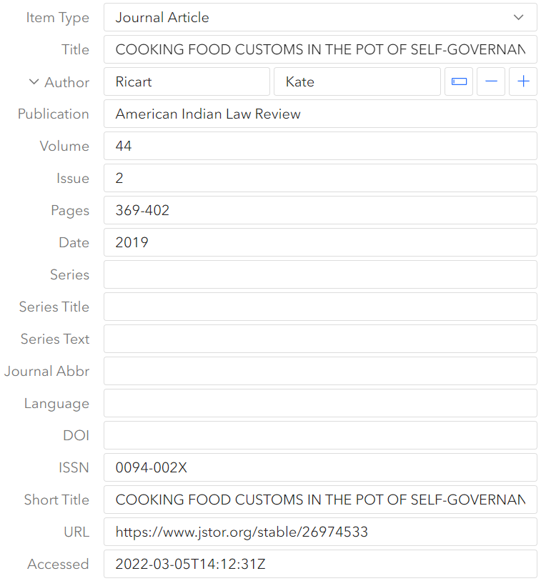 The first eighteen fields in ZoteroBib's editing interface.