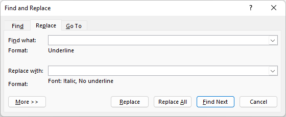 Find and Replace dialog box in Microsoft Word showing how to replace underline with italic, no underline.