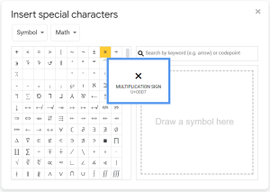 Dialog box for special characters in Google Docs showing the multiplication sign, Unicode 00D7.