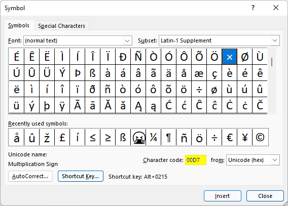 Symbol dialog box in Microsoft Word showing the multiplication sign, Unicode 00D7.