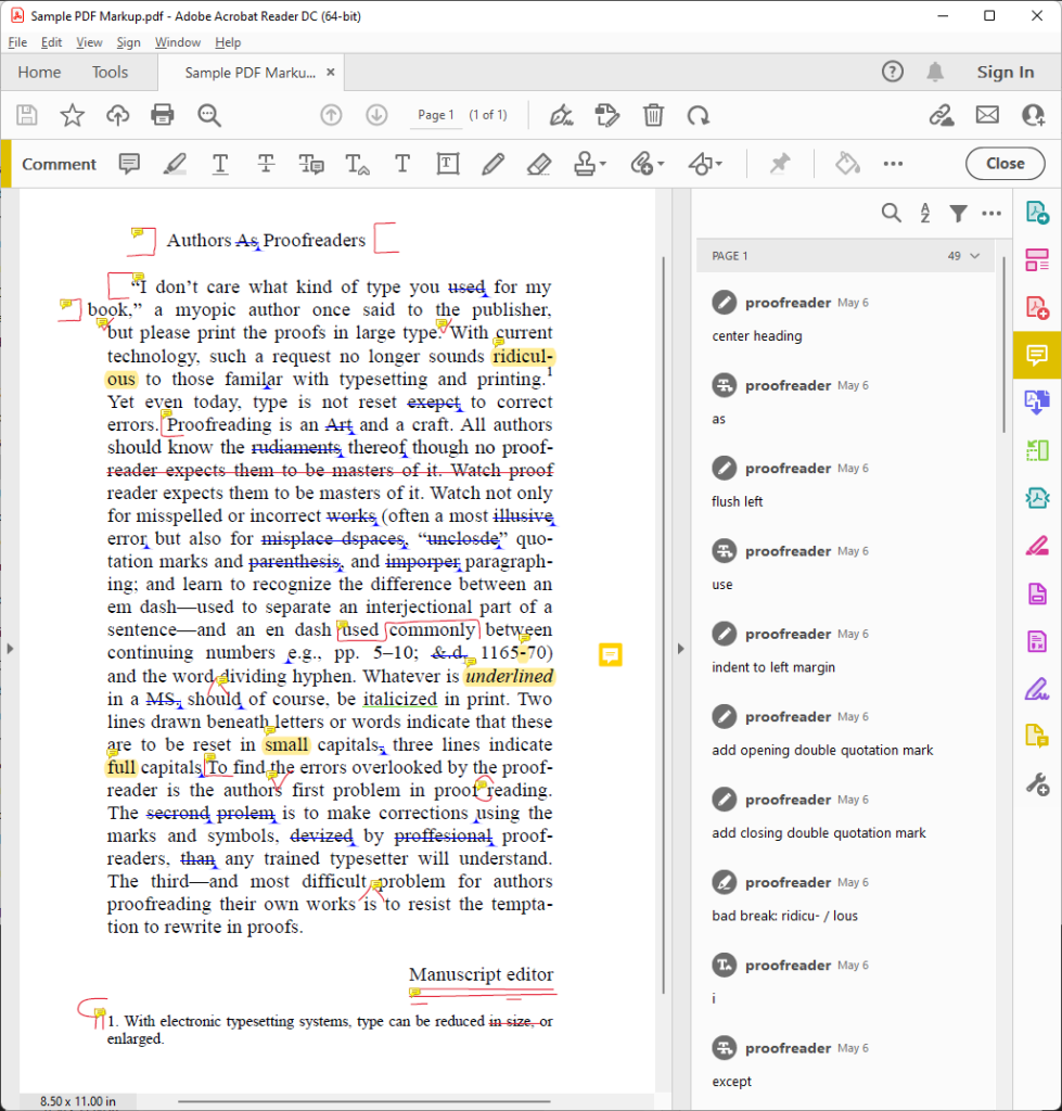 A page annotated with proofreading marks in Adobe Acrobat Reader DC. The first 10 of 49 comments are listed in a pane to the right of the document.