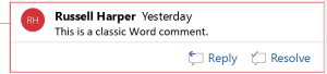 A closeup of the classic Word comment in the previous screenshot showing the Reply and Resolve options.