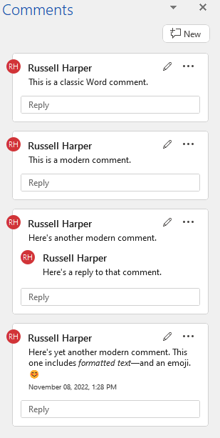 The Comments pane in Word 365 showing four modern comments, one of which includes a reply.