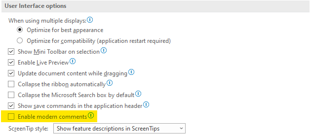 “User Interface options” in Word 365 showing an empty checkbox next to the option “Enable modern comments.”