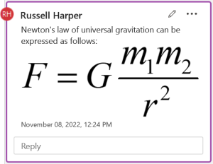 A modern comment version of the classic comment in the previous screenshot. The equation for Newton’s law of universal gravitation, rendered as an image, fills out the width of the comment.