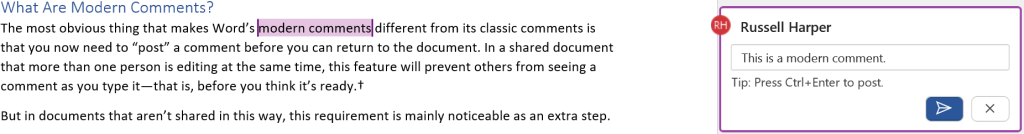 A screenshot from the MS Word version of this post showing the heading “What Are Modern Comments?” and the paragraph that follows. To the right of the text is a modern comment reading “This is a modern comment.”