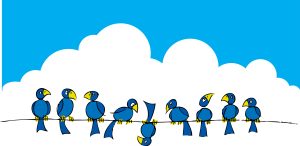 Cartoon featuring nine blue birds on a wire in front of a white cumulus cloud, the middle bird hanging upside down.