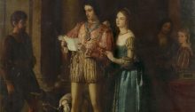 Oil painting by Gilbert Stuart Newton entitled 'Portia and Bassanio' from Shakespeare's 'The Merchant of Venice' (Act III, Scene 2). Great Britain, 1831.