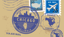 Artist's rendering of the back of a postcard stamped stamped with Chicago, Illinois