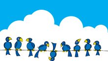 Cartoon featuring nine blue birds on a wire in front of a white cumulus cloud, the middle bird hanging upside down.