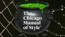 A black Chicago Manual of Style cauldron with green liquid bubbling over the rim